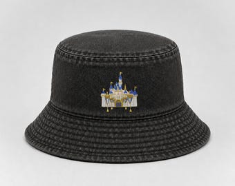 Sleeping Beauty's Castle Embroidered Denim Bucket Hat, Disneyland Bucket Hat, 90's Hat, Family Matching Disney World Hat, Kid and Adult Size