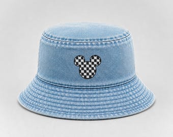 Checkered Mickey Embroidered Denim Bucket Hat, Disneyland Mickey Bucket Hat, 90's Hat, Family Matching Disney World Hat, Kid and Adult Sizes
