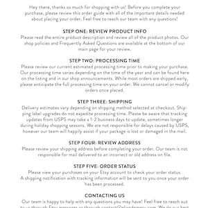 May include: Ordering guide with steps for reviewing product information, processing time, shipping, address, and order status. It also includes contact information for the shop owner. The text includes the phrase "Thanks for shopping small!"