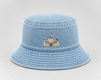 Sleeping Beauty's Castle Embroidered Denim Bucket Hat, Disneyland Bucket Hat, 90's Hat, Family Matching Disney World Hat, Kid and Adult Size