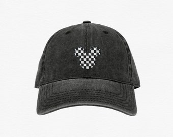 Checkered Mickey Embroidered Disney Hat, Disneyland Dad Hat, Disney World Trip Mouse Ear Hat, Unisex Disney Vacation Baseball Cap for Adults