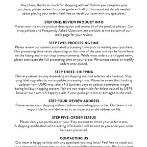 Puede incluir: Texto negro sobre fondo blanco: "GU&Iacute;A DE PEDIDOS". La gu&iacute;a proporciona informaci&oacute;n sobre la revisi&oacute;n de la informaci&oacute;n del producto, el tiempo de procesamiento, el env&iacute;o, la revisi&oacute;n de la direcci&oacute;n y el estado del pedido. Tambi&eacute;n incluye informaci&oacute;n de contacto y un mensaje de agradecimiento.