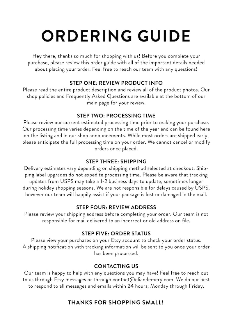 Puede incluir: Texto negro sobre fondo blanco: "GU&Iacute;A DE PEDIDOS". La gu&iacute;a proporciona informaci&oacute;n sobre la revisi&oacute;n de la informaci&oacute;n del producto, el tiempo de procesamiento, el env&iacute;o, la revisi&oacute;n de la direcci&oacute;n y el estado del pedido. Tambi&eacute;n incluye informaci&oacute;n de contacto y un mensaje de agradecimiento.