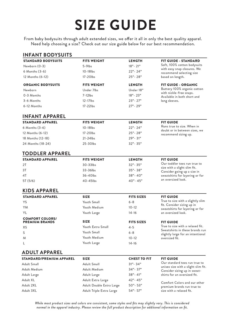 Puede incluir: Gu&iacute;a de tallas para ropa de beb&eacute;, ni&ntilde;o peque&ntilde;o y adulto. Incluye medidas para bodies de beb&eacute;, bodies org&aacute;nicos, ropa de beb&eacute;, ropa de ni&ntilde;o peque&ntilde;o, ropa de ni&ntilde;o y ropa de adulto. Medidas en cm y kg.