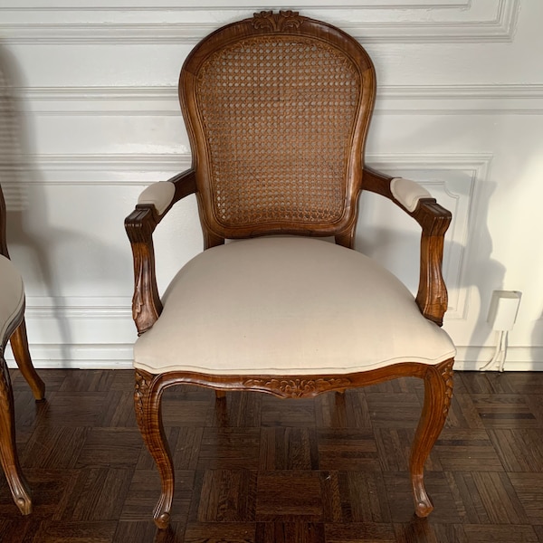 French Style Cane Back Upholstered Armchair