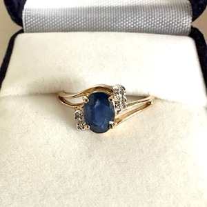 Vintage Two Tone Blue Sapphire and Diamond Bypass Ring in 10k Gold