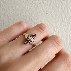 Antique 10k Rose Gold Decorative Victorian Ring with Old Mind Cut Diamond and Pink Sapphires