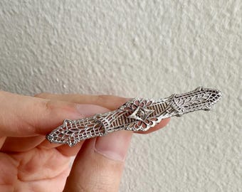 Antique Sterling Silver Art Deco Filigree Bar Pin Brooch with Rhinestone Accent