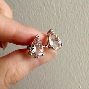 Sterling Silver Teardrop Pear Shape Morganite Stud Earrings over 4 ct