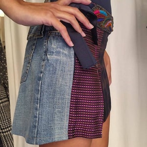 Denim and brocade mini skirt with embroidered strap image 3