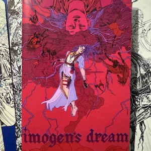May include: A red and purple illustration titled "Imogen's Dream" features a woman with glasses and purple hair floating amidst red clouds. The artwork has a surreal, fantasy theme, with figures and a face in the background.