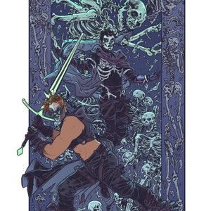 May include: A skeletal figure with a sword stands in a field of bones. The figure is wearing a dark cloak and has a skull-like face. The background is a dark blue with a pattern of bones.