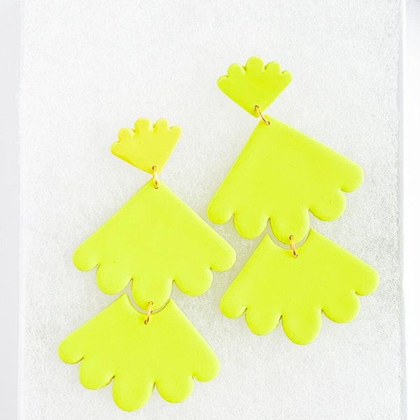 Chartreuse Scalloped Polymer Clay Statement Earrings Modern Minimalist Floral Style Hypoallergenic Posts Lightweight Fall Winter | LETI