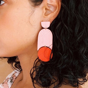 The CONSTANZA in Guava + Poppy | Polymer Clay Earrings, Modern Minimalist Art Deco, Pink and Red Jewelry, Lightweight Hypoallergenic