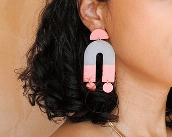 Pink Ombre Polymer Clay Statement Earrings Ombré Arch Design Lightweight Hypoallergenic Posts Modern Boho Minimal Earrings | LIZBETH