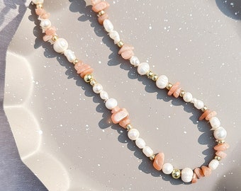 Mixed Freshwater Pearl and Rose Quartz Necklace in peach | adjustable choker necklace