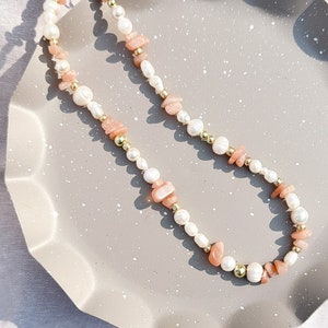 Mixed Freshwater Pearl and Rose Quartz Necklace in peach adjustable choker necklace image 1