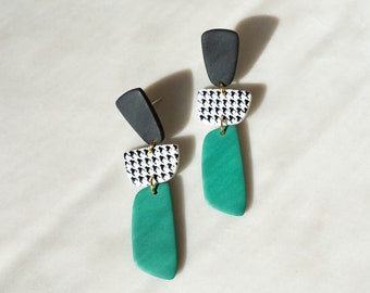 Black White Houndstooth Polymer Clay Earrings Lightweight Statement Jewelry Modern Minimal Hypoallergenic Post | DEW DROPS in emerald green