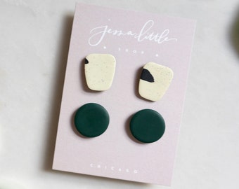 Stud Pack #3 | Vanilla Bean + Forest Green, Polymer Clay Earrings, Hypoallergenic Stainless Steel Posts, Statement Studs