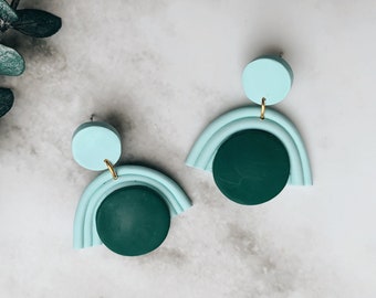 Mint and Deep Teal Dainty Statement Earrings Polymer Clay Art Hypoallergenic Posts Lightweight Spring Summer Earring | JOSEPHINE in mint