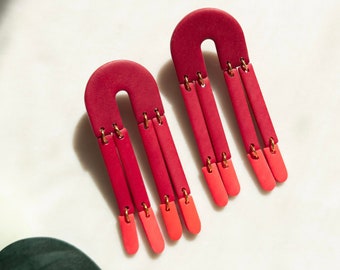 Dainty Statement Earrings Red Polymer Clay Modern Styles Hypoallergenic Posts Lightweight Spring Summer Earrings | mini FRINGE in red mono