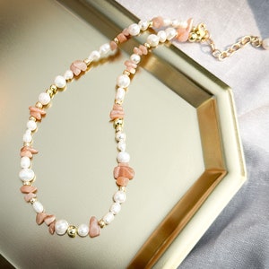 Mixed Freshwater Pearl and Rose Quartz Necklace in peach adjustable choker necklace image 3