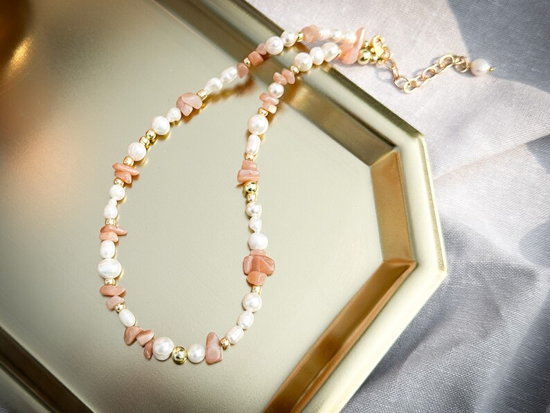 Mixed Freshwater Pearl and Rose Quartz Necklace in peach adjustable choker necklace image 3