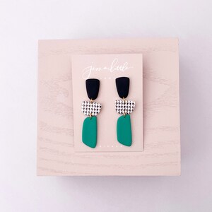 Black White Houndstooth Polymer Clay Earrings Lightweight Statement Jewelry Modern Minimal Hypoallergenic Post DEW DROPS in emerald green image 3