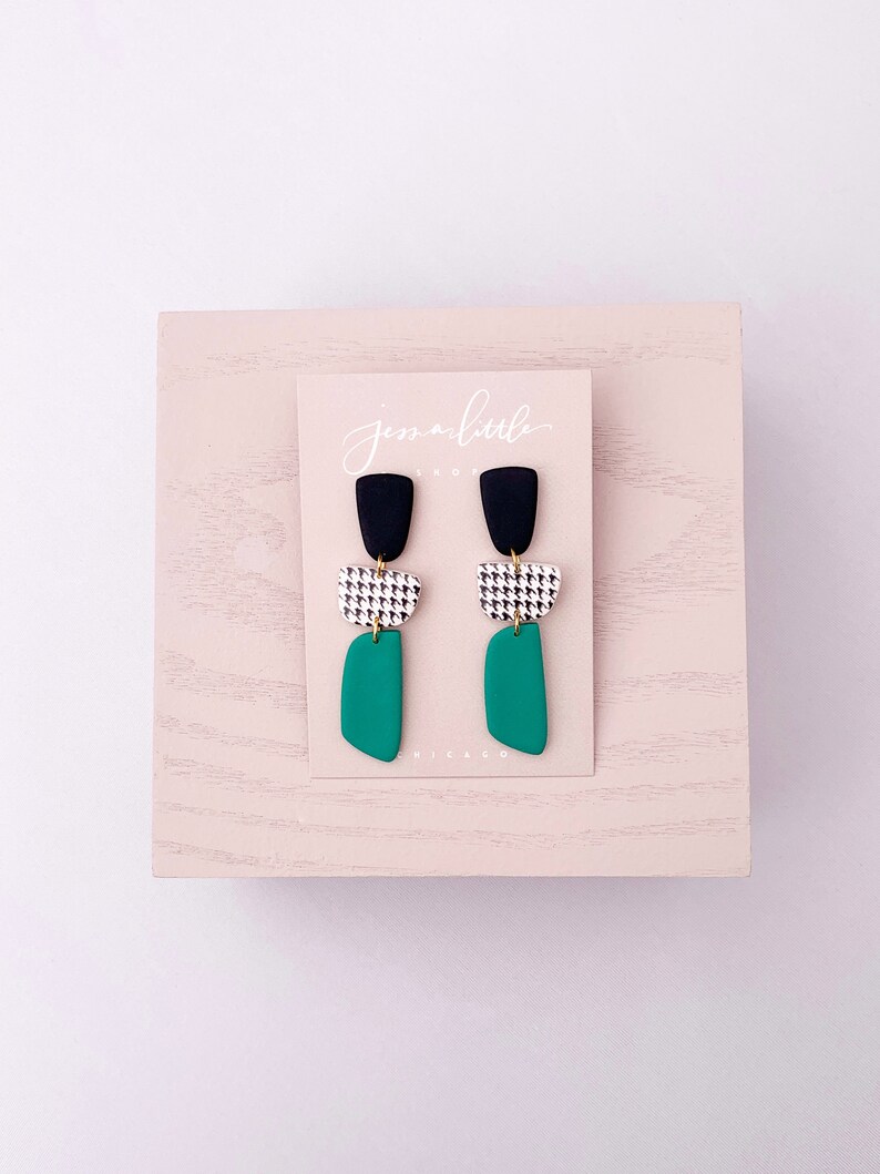 Black White Houndstooth Polymer Clay Earrings Lightweight Statement Jewelry Modern Minimal Hypoallergenic Post DEW DROPS in emerald green image 3