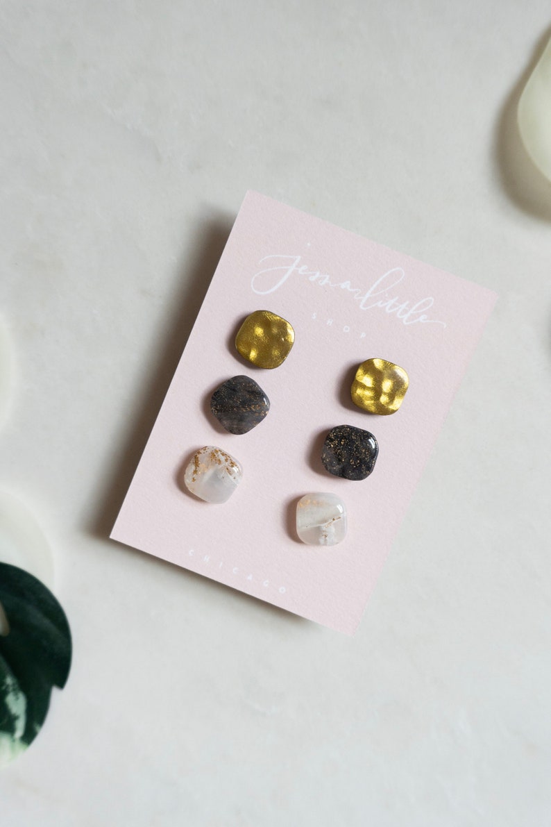 Stud Pack 11 3 Pack Studs, gold studs, quartz studs, Polymer Clay Earrings, Hypoallergenic Stainless Steel Posts, Statement Studs image 1