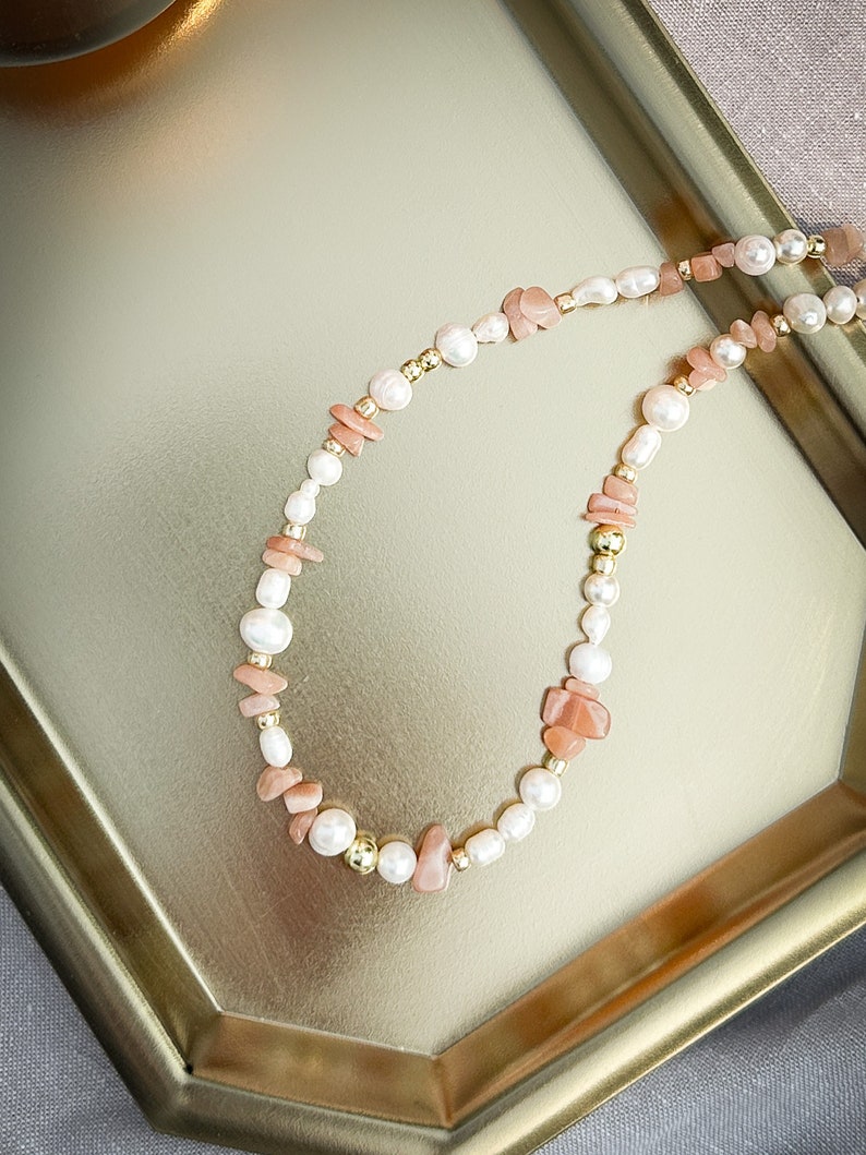 Mixed Freshwater Pearl and Rose Quartz Necklace in peach adjustable choker necklace image 4