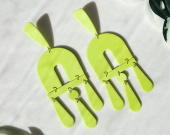 Kacie Earrings | Chartreuse, Super Lightweight Statement Earrings, Polymer Clay, Hypoallergenic Nickel Free Studs, Neon Green, Oversized