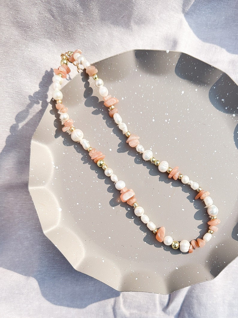 Mixed Freshwater Pearl and Rose Quartz Necklace in peach adjustable choker necklace image 1