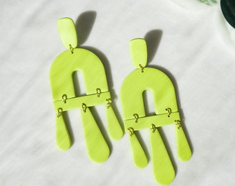 mini Kacie Earrings | Abstract Earrings, Chartreuse, Lightweight Statement Earrings, Polymer Clay, Hypoallergenic Nickel Free, Neon Green