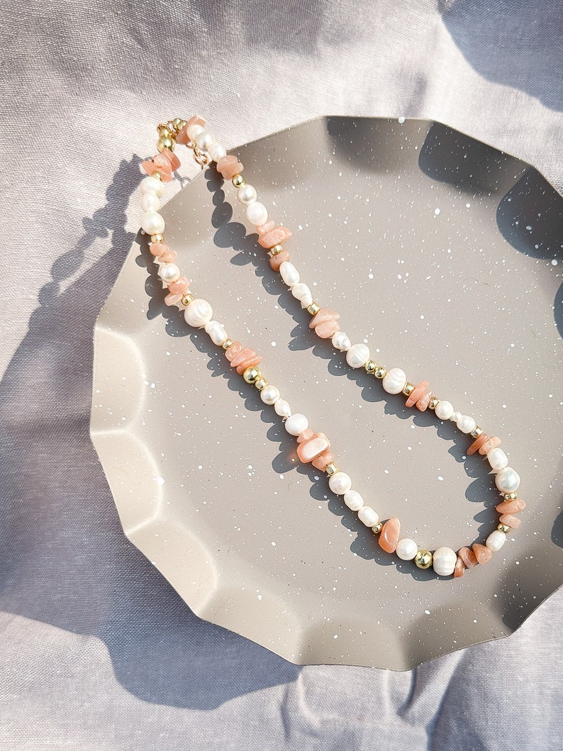 Mixed Freshwater Pearl and Rose Quartz Necklace in peach adjustable choker necklace image 5