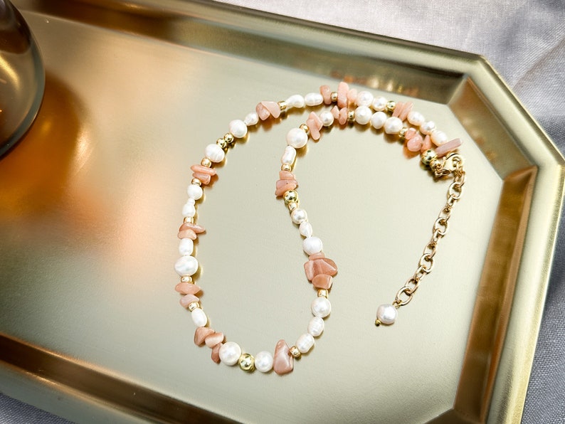 Mixed Freshwater Pearl and Rose Quartz Necklace in peach adjustable choker necklace image 2