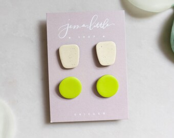 Stud Pack #5 | Vanilla Bean + Chartreuse, Polymer Clay Earrings, Hypoallergenic Stainless Steel Posts, Statement Studs