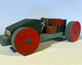 Authentic Vintage 1950s-60s Handcrafted Wooden Soap Box Racer One-of-a-Kind Ford-Inspired Car. Timeless Americana Craft Toy  for Christmas