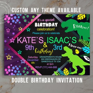 Puede incluir: Una invitaci&oacute;n de doble cumplea&ntilde;os para el 9&ordm; cumplea&ntilde;os de Kate y el 3er cumplea&ntilde;os de Isaac. La invitaci&oacute;n presenta un tema de dinosaurio con un dinosaurio verde sobre un fondo negro con estrellas y c&iacute;rculos de ne&oacute;n rosa, azul y amarillo. El texto dice "&iexcl;Es una celebraci&oacute;n de cumplea&ntilde;os especial! &iexcl;&Uacute;nase a nosotros para celebrar el 9&ordm; cumplea&ntilde;os de Kate y el 3er cumplea&ntilde;os de Isaac! S&aacute;bado 4 de diciembre CASA DE LOS ABUELOS 800 GREENHAVEN DR GAINESVILLE TX 1234 a las 3 pm RSVP (111) 444-888"