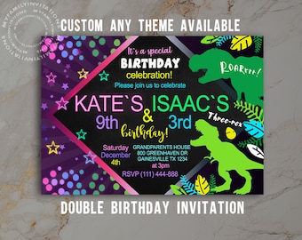 Double birthday invitation for Twin- Siblings- Custom Any Theme Available