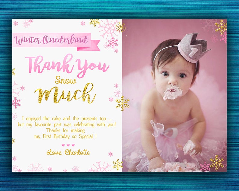 Winter Onederland Thank You Card-Winter Thank You Card-Snowflake Thank You Card-Pink and Gold Thank You Card-First Birthday Thank You