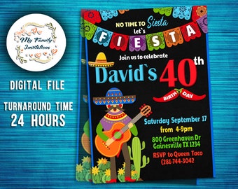 Fiesta 40th Birthday Invitations-Fiesta male 40 Bday Party-Mexican Fiesta-Surprise Party-Digital file