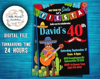 Fiesta 40th Birthday Invitations-Fiesta male 40 Bday Party- Any age-Mexican Fiesta-Surprise Party-Digital file