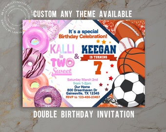 Sibling Birthday Invitation, Double Birthday Invitation, Dual Combined Twins Birthday Invitation, Custom Invitation, Personalized JPEG/PDF