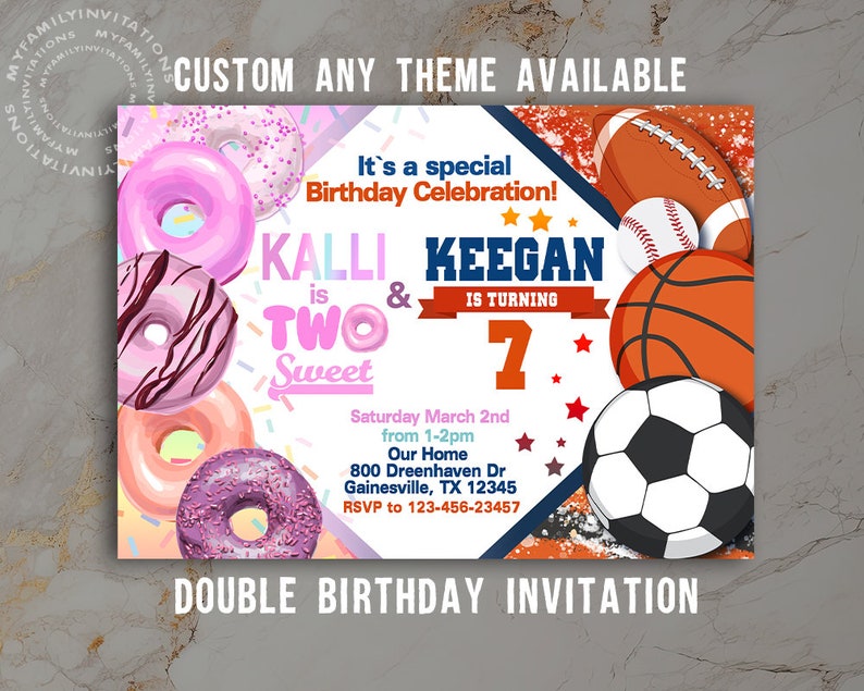 Puede incluir: Una invitaci&oacute;n de cumplea&ntilde;os colorida para una doble celebraci&oacute;n de cumplea&ntilde;os. La invitaci&oacute;n presenta un tema de donas para una ni&ntilde;a que cumple dos a&ntilde;os y un tema deportivo para un ni&ntilde;o que cumple siete a&ntilde;os. La invitaci&oacute;n incluye los nombres "Kalli" y "Keegan", las edades "Dos" y "Siete", y la fecha "S&aacute;bado 2 de marzo".