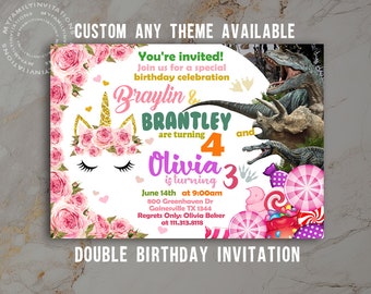 Triple Birthday- Custom Any Theme Available - Shared Birthday - Digital