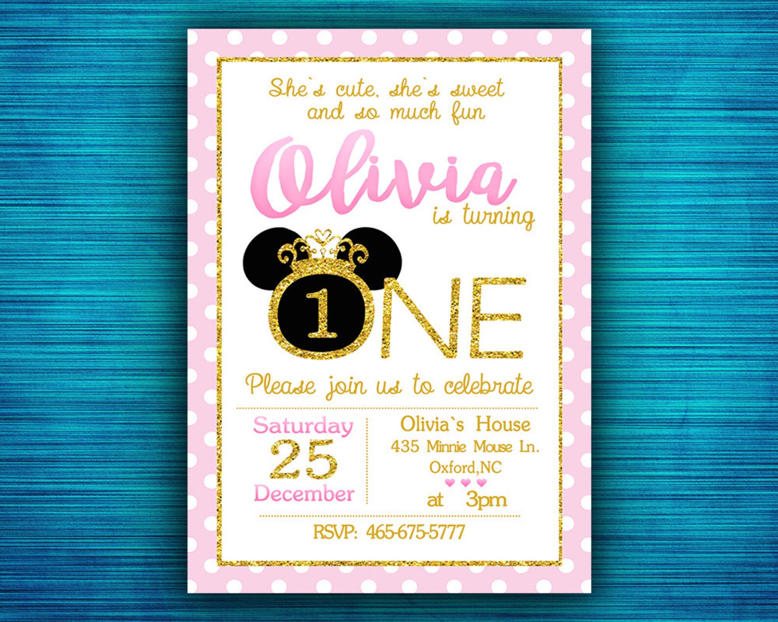 Minnie Mouse Invitation Pink And Gold Minnie Mouse Birthday Etsy
