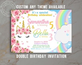 Double birthday invitation for Twin- Siblings- Custom Any Theme Available- Digital