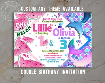 Double birthday invitation for Twin- Siblings- Custom Any Theme Available- Digital