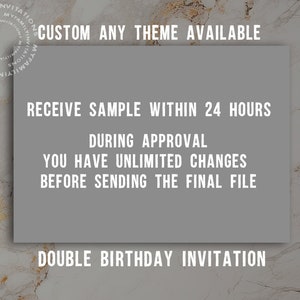 Puede incluir: Un rect&aacute;ngulo gris con texto blanco que dice "CUSTOM ANY THEME AVAILABLE", "RECEIVE SAMPLE WITHIN 24 HOURS", "DURING APPROVAL", "YOU HAVE UNLIMITED CHANGES", "BEFORE SENDING THE FINAL FILE", y "DOUBLE BIRTHDAY INVITATION".